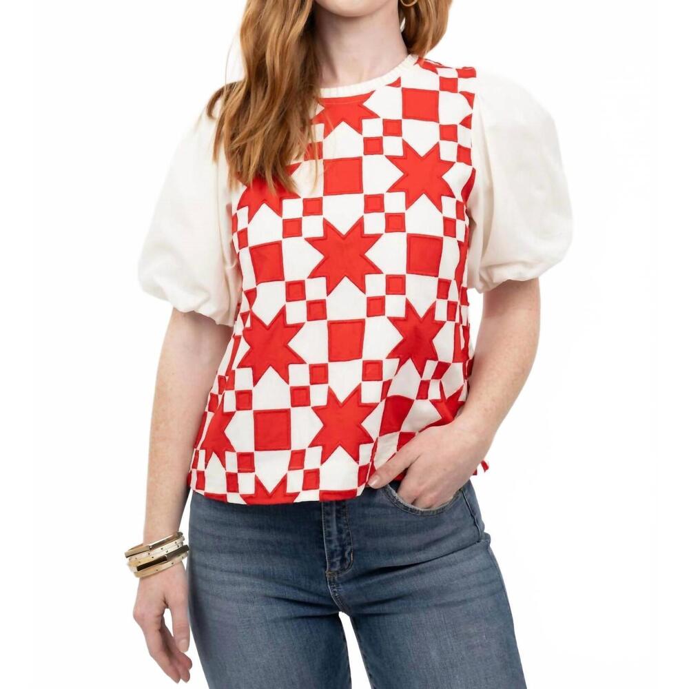 NEW IVY JANE quilted pouf sleeve top in red
